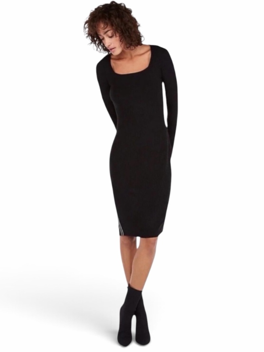 Express Black Square Neck Long Sleeve Side Stripe Ribbed Midi Dress Size Small